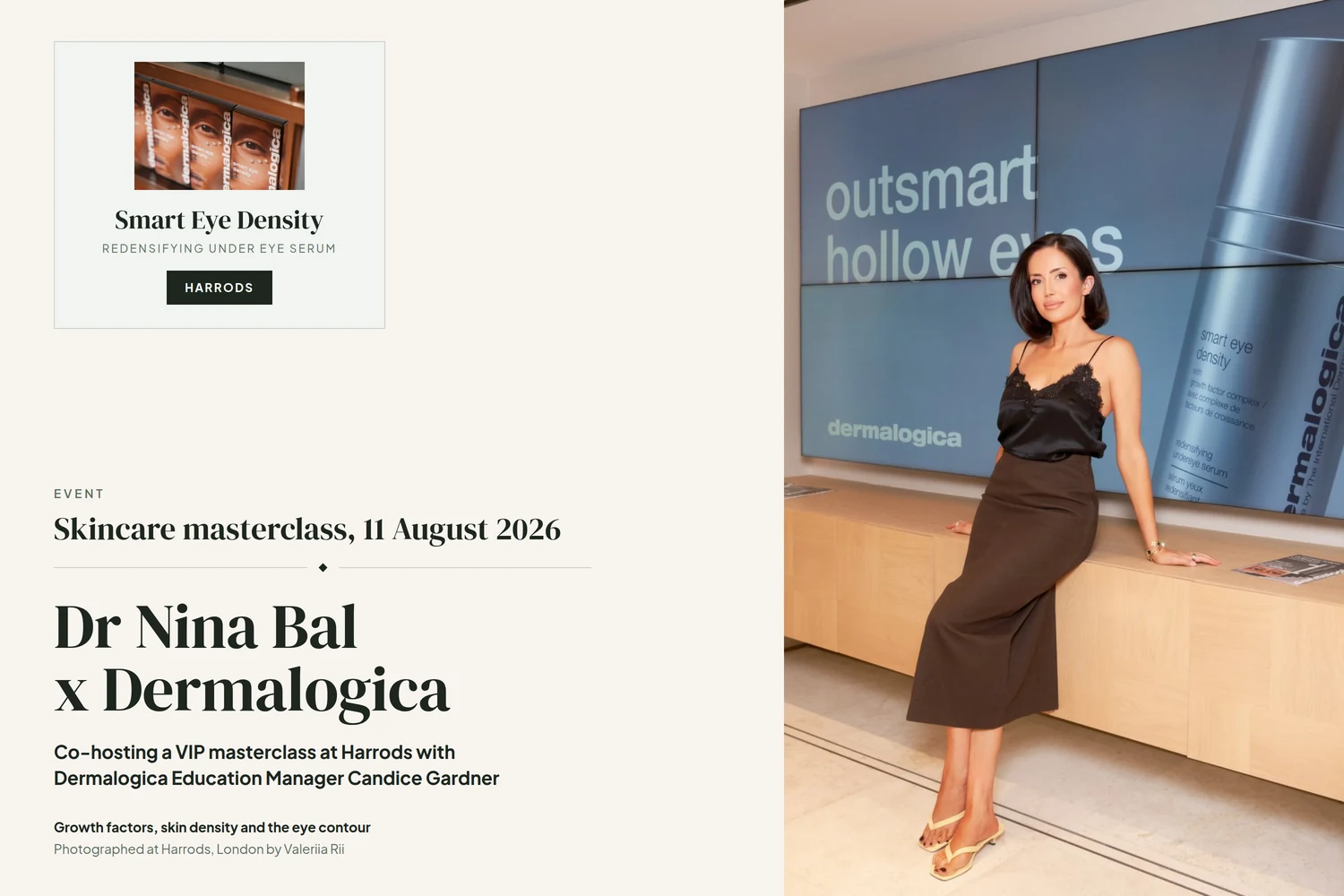 Dr Nina Bal at the Dermalogica Smart Eye Density masterclass at Harrods, in front of the outsmart hollow eyes campaign board