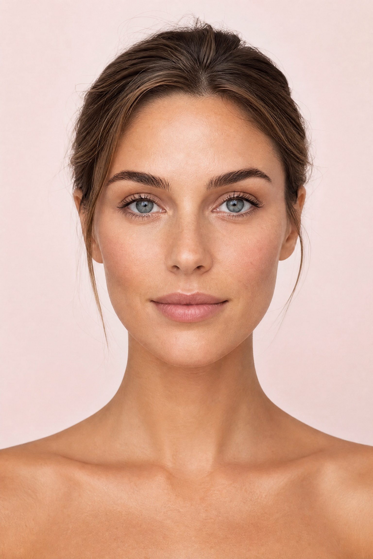 Front-facing portrait of a woman illustrating natural left-to-right facial balance across the brows, cheeks and chin — facial asymmetry treatments at Facial Sculpting London