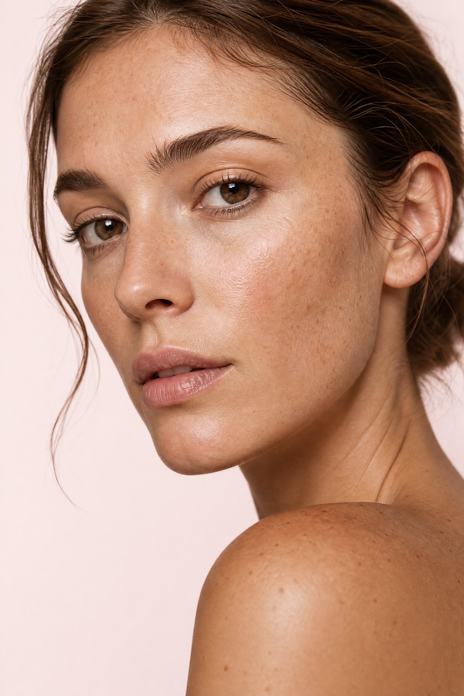 Close-up portrait of a woman’s face showing uneven tone and sun spots across the cheeks — the key areas affected by pigmentation and sun damage, treated at Facial Sculpting London