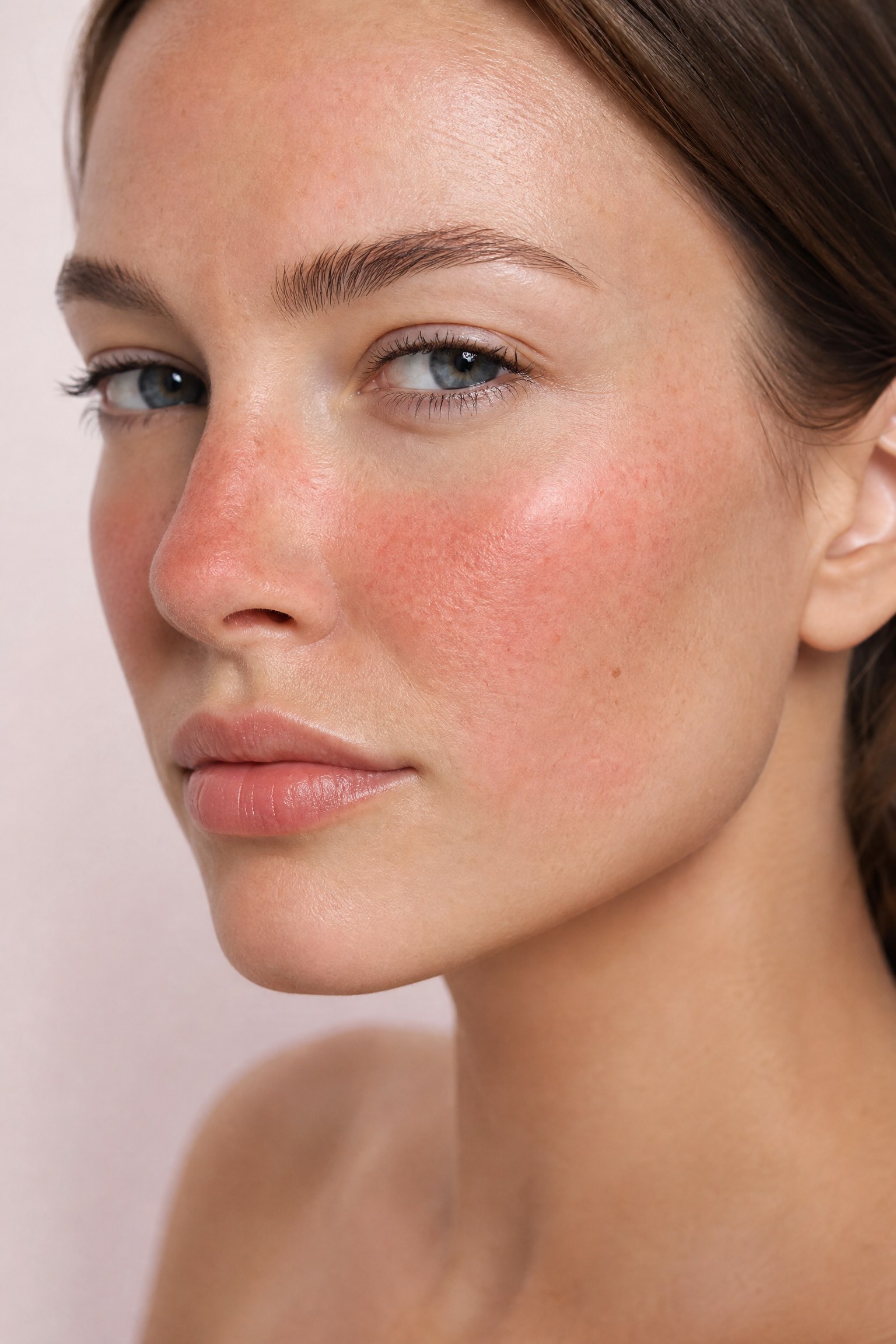 Close-up portrait of a face showing redness across the cheeks and nose — the central area affected by rosacea and facial redness, treated at Facial Sculpting London